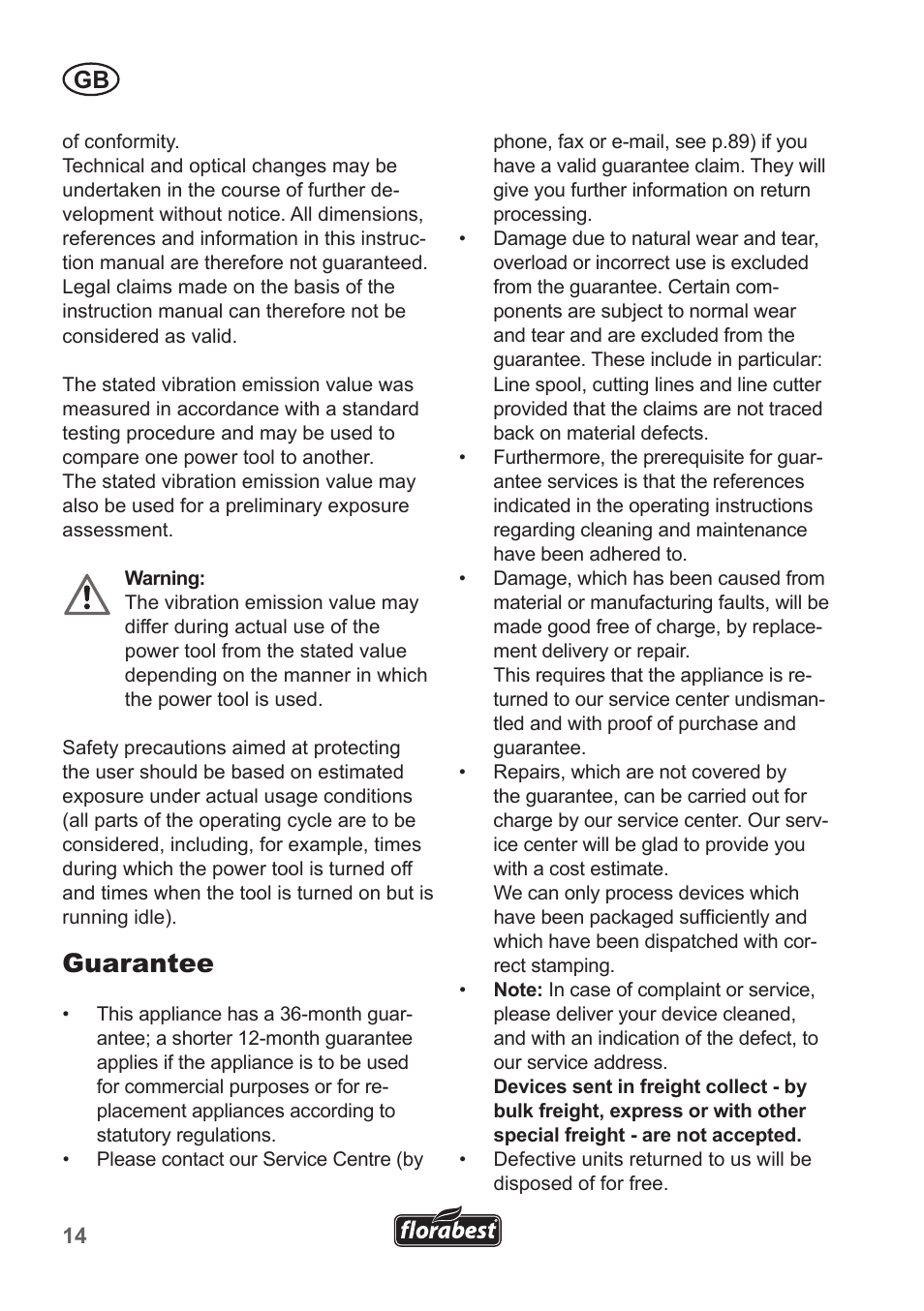Guarantee | Florabest FRT 450 A1 User Manual | Page 14 / 90