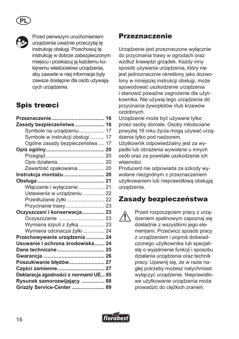 Spis treœci, Przeznaczenie, Zasady bezpieczeństwa | Florabest FRT 450 A1 User Manual | Page 16 / 90