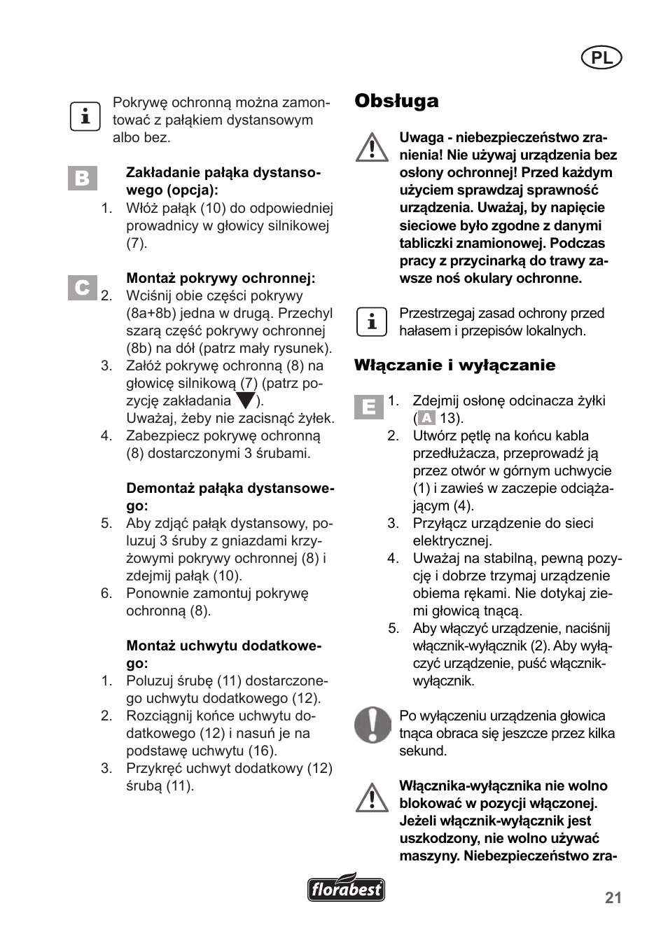 Obsługa | Florabest FRT 450 A1 User Manual | Page 21 / 90
