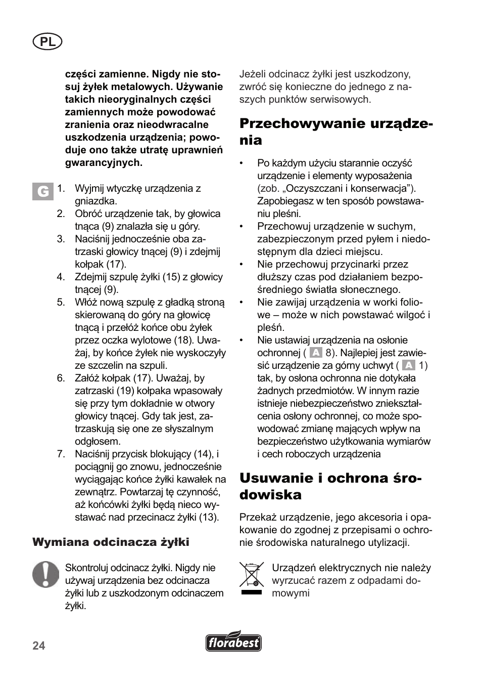 Przechowywanie urządze- nia, Usuwanie i ochrona śro- dowiska | Florabest FRT 450 A1 User Manual | Page 24 / 90