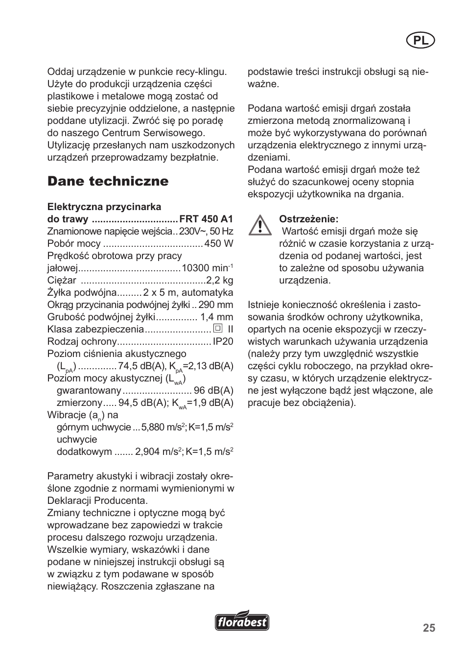 Dane techniczne | Florabest FRT 450 A1 User Manual | Page 25 / 90