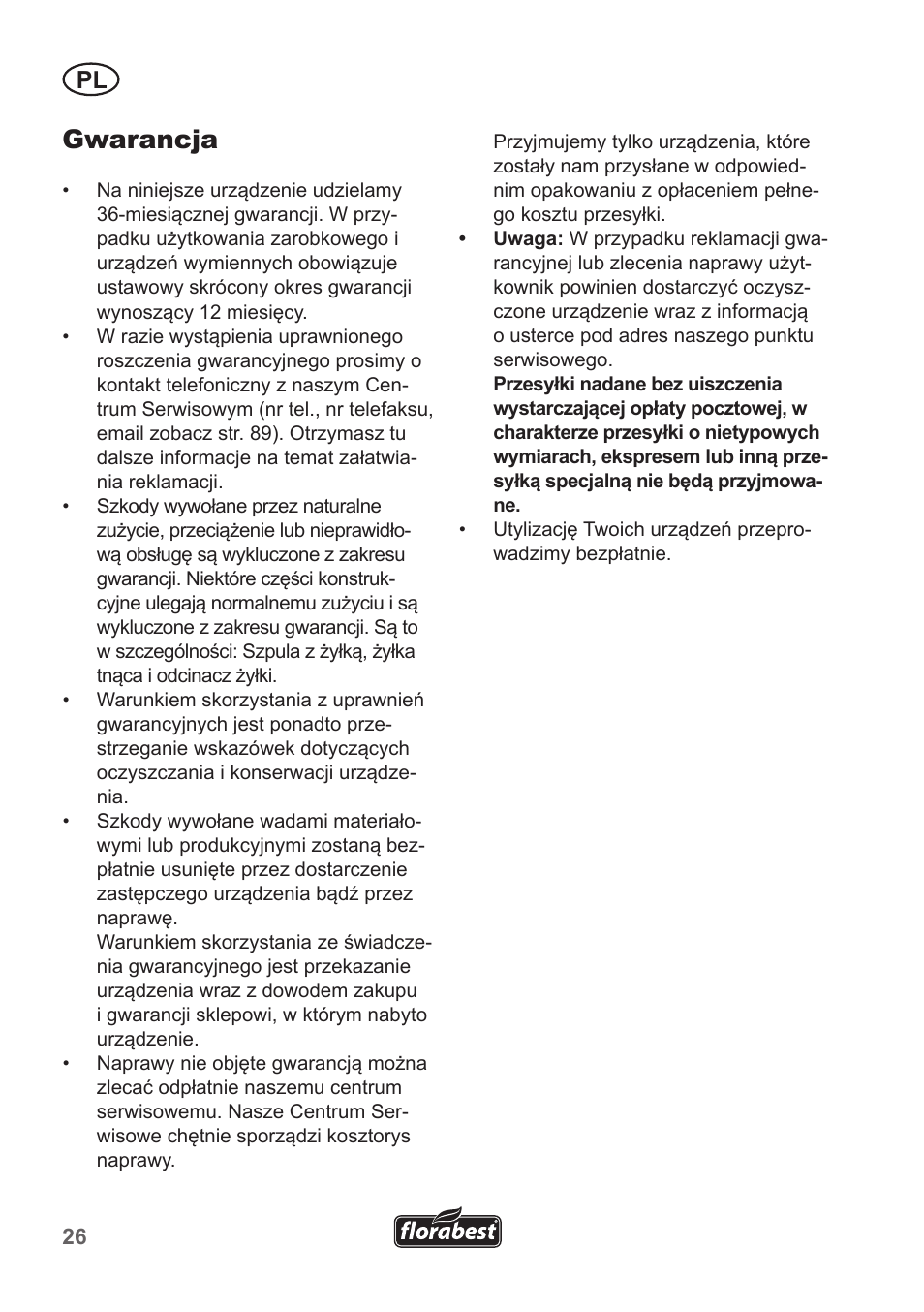 Gwarancja | Florabest FRT 450 A1 User Manual | Page 26 / 90