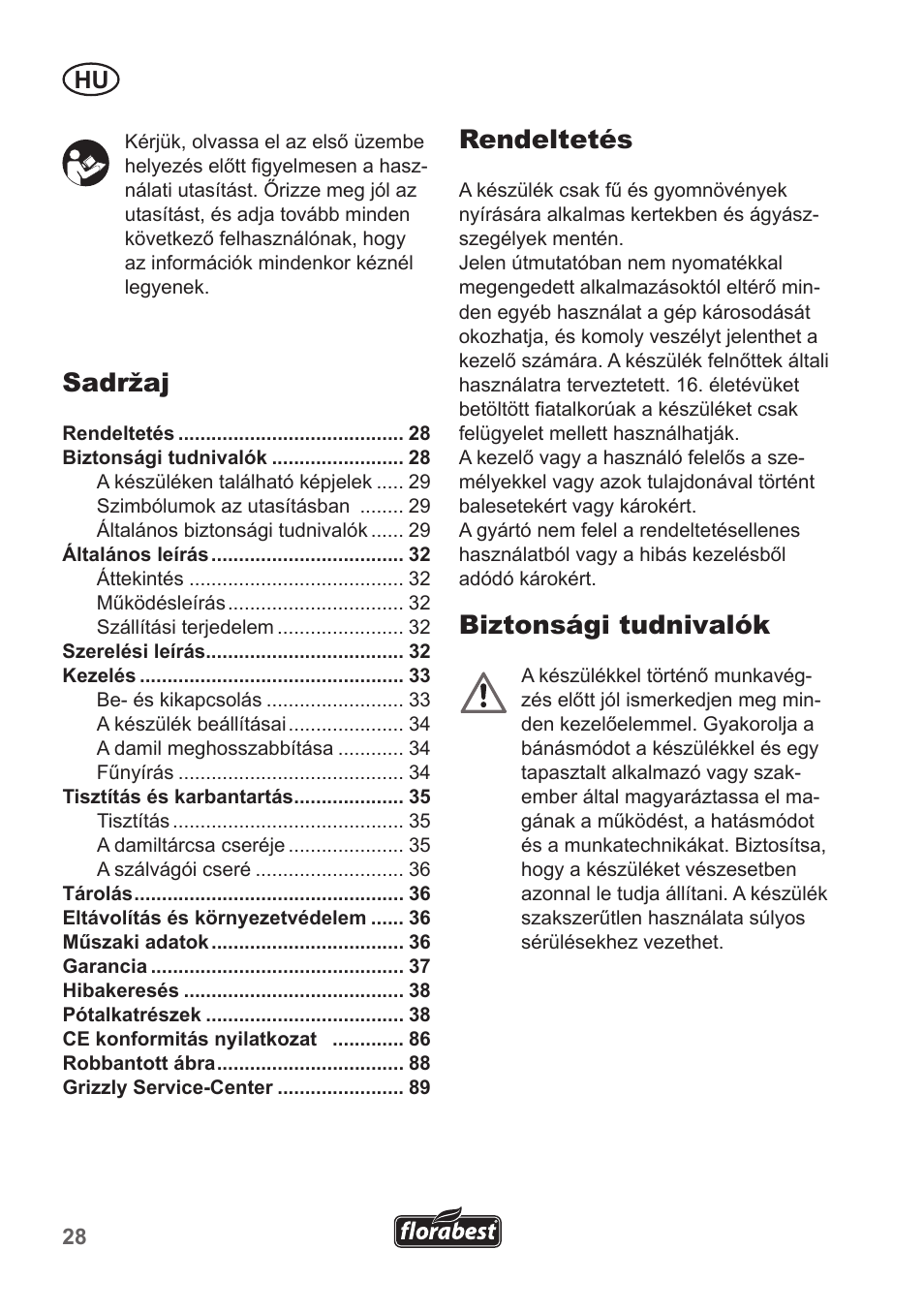 Sadržaj, Rendeltetés, Biztonsági tudnivalók | Florabest FRT 450 A1 User Manual | Page 28 / 90