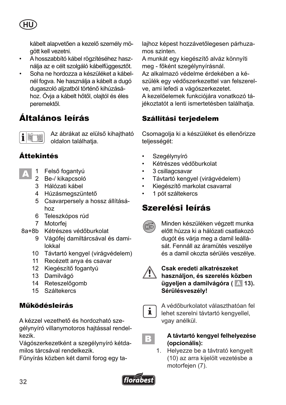 Általános leírás, Szerelési leírás | Florabest FRT 450 A1 User Manual | Page 32 / 90