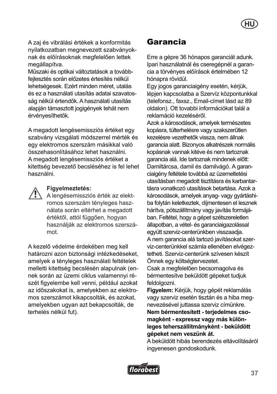 Garancia | Florabest FRT 450 A1 User Manual | Page 37 / 90