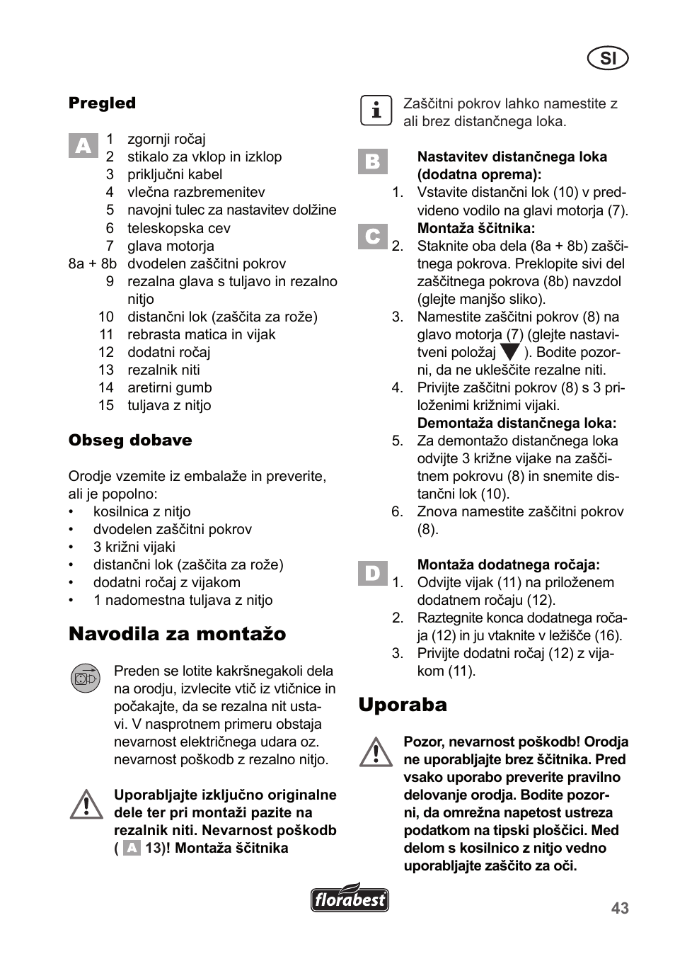 Navodila za montažo, Uporaba | Florabest FRT 450 A1 User Manual | Page 43 / 90