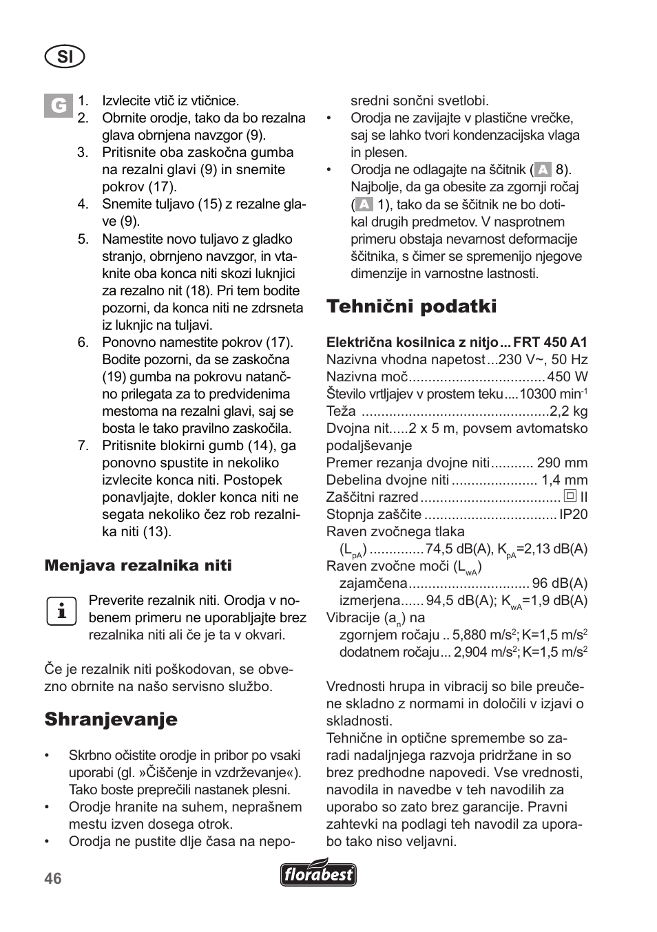 Shranjevanje, Tehnični podatki | Florabest FRT 450 A1 User Manual | Page 46 / 90