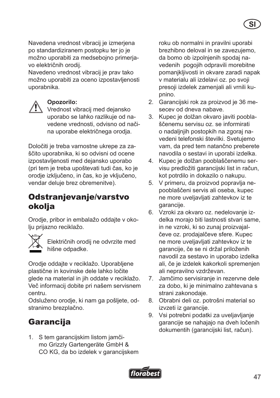 Odstranjevanje/varstvo okolja, Garancija | Florabest FRT 450 A1 User Manual | Page 47 / 90