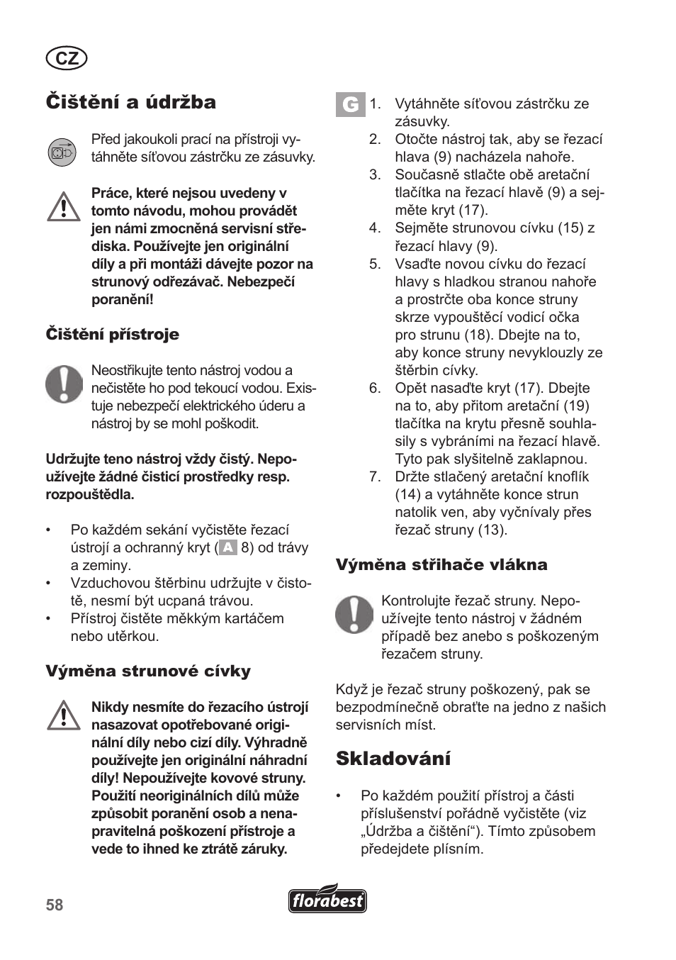 Čištění a údržba, Skladování | Florabest FRT 450 A1 User Manual | Page 58 / 90