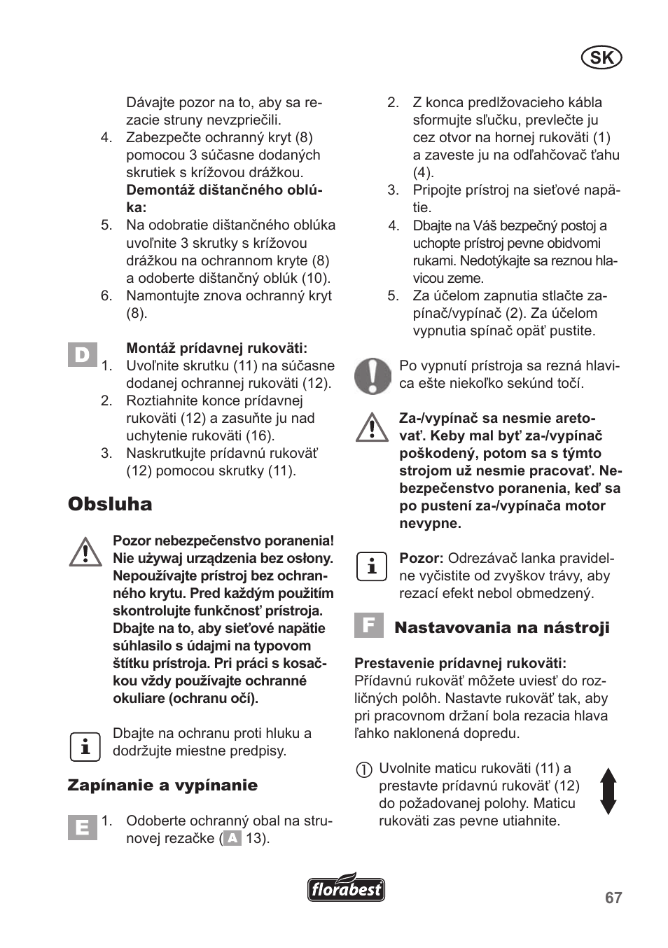 Obsluha | Florabest FRT 450 A1 User Manual | Page 67 / 90
