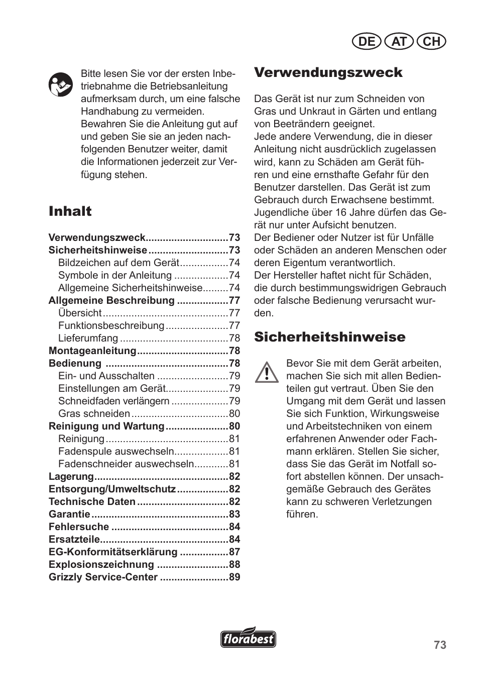 Inhalt, Verwendungszweck, Sicherheitshinweise | De at ch | Florabest FRT 450 A1 User Manual | Page 73 / 90