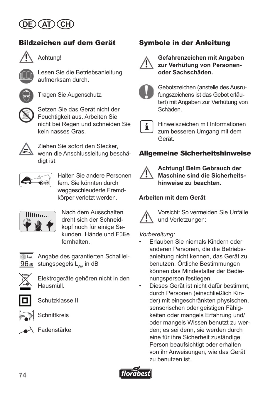De at ch | Florabest FRT 450 A1 User Manual | Page 74 / 90