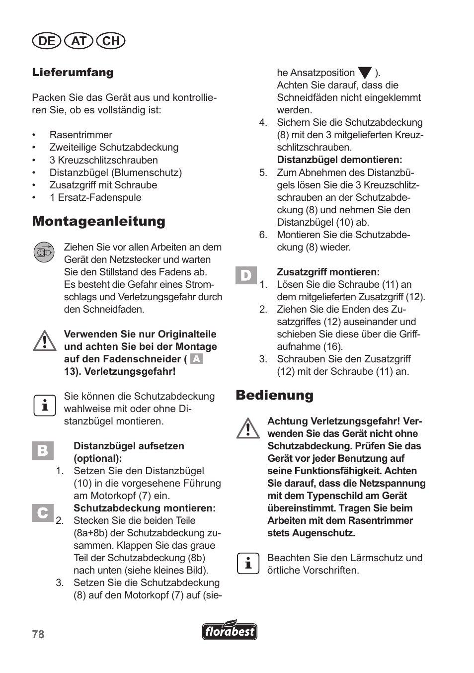 Montageanleitung, Bedienung, De at ch | Florabest FRT 450 A1 User Manual | Page 78 / 90