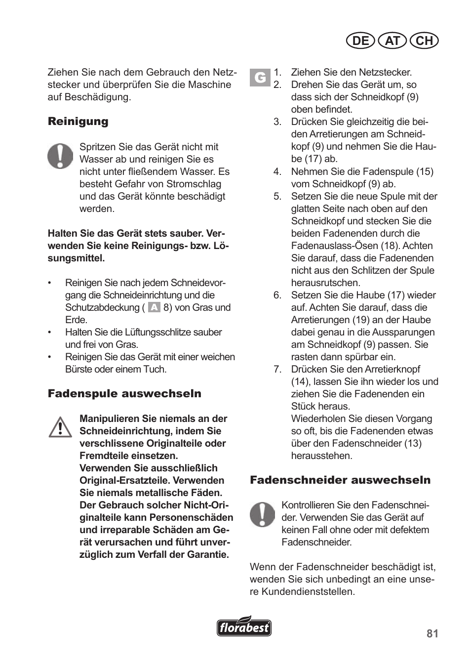 De at ch | Florabest FRT 450 A1 User Manual | Page 81 / 90