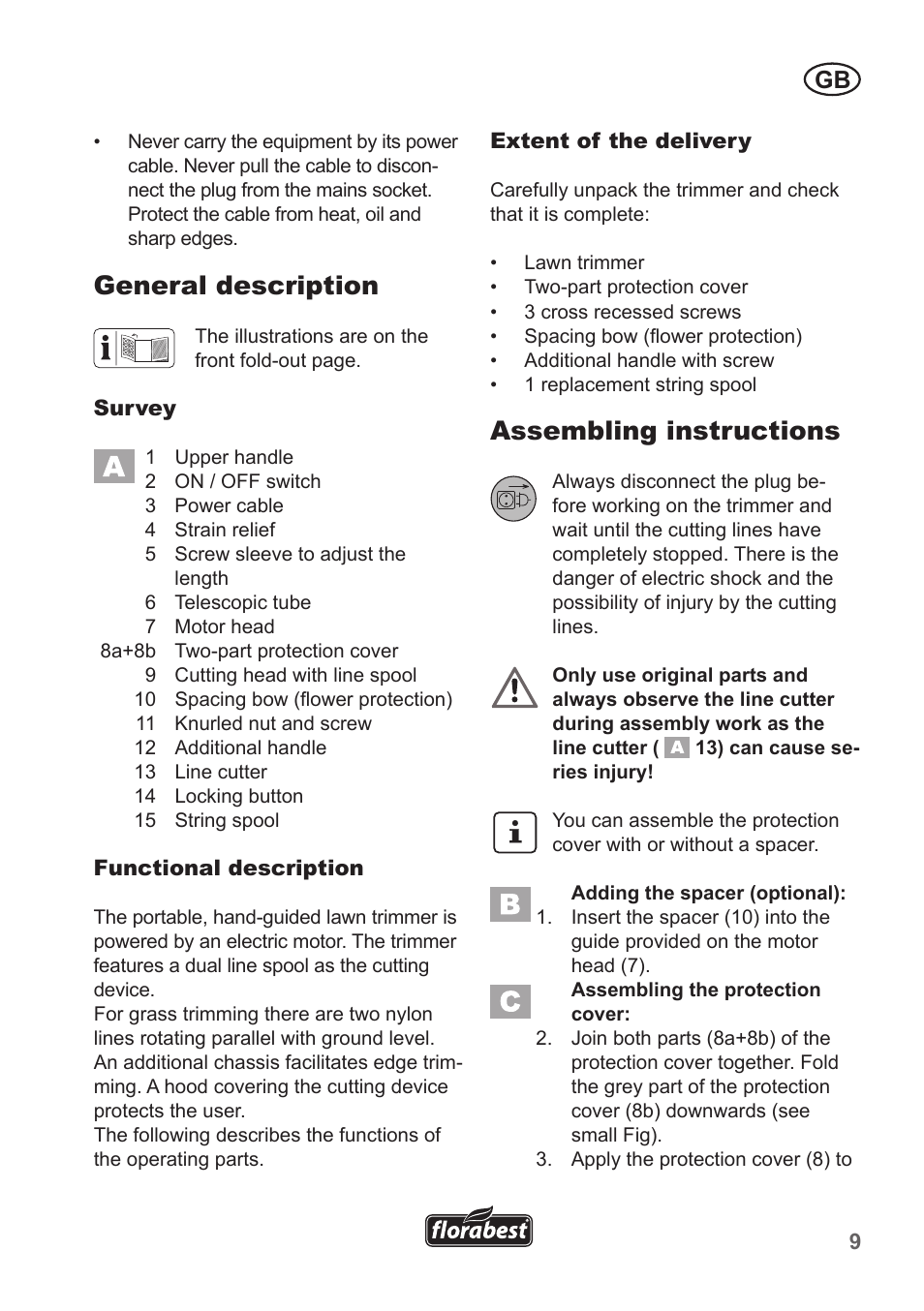 General description, Assembling instructions | Florabest FRT 450 A1 User Manual | Page 9 / 90