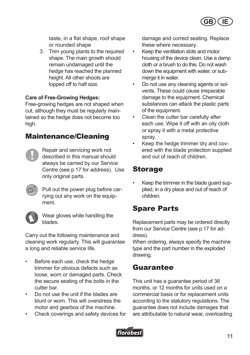 Maintenance/cleaning, Storage, Spare parts | Guarantee, Gb ie | Florabest FHT 600 A1 User Manual | Page 11 / 18