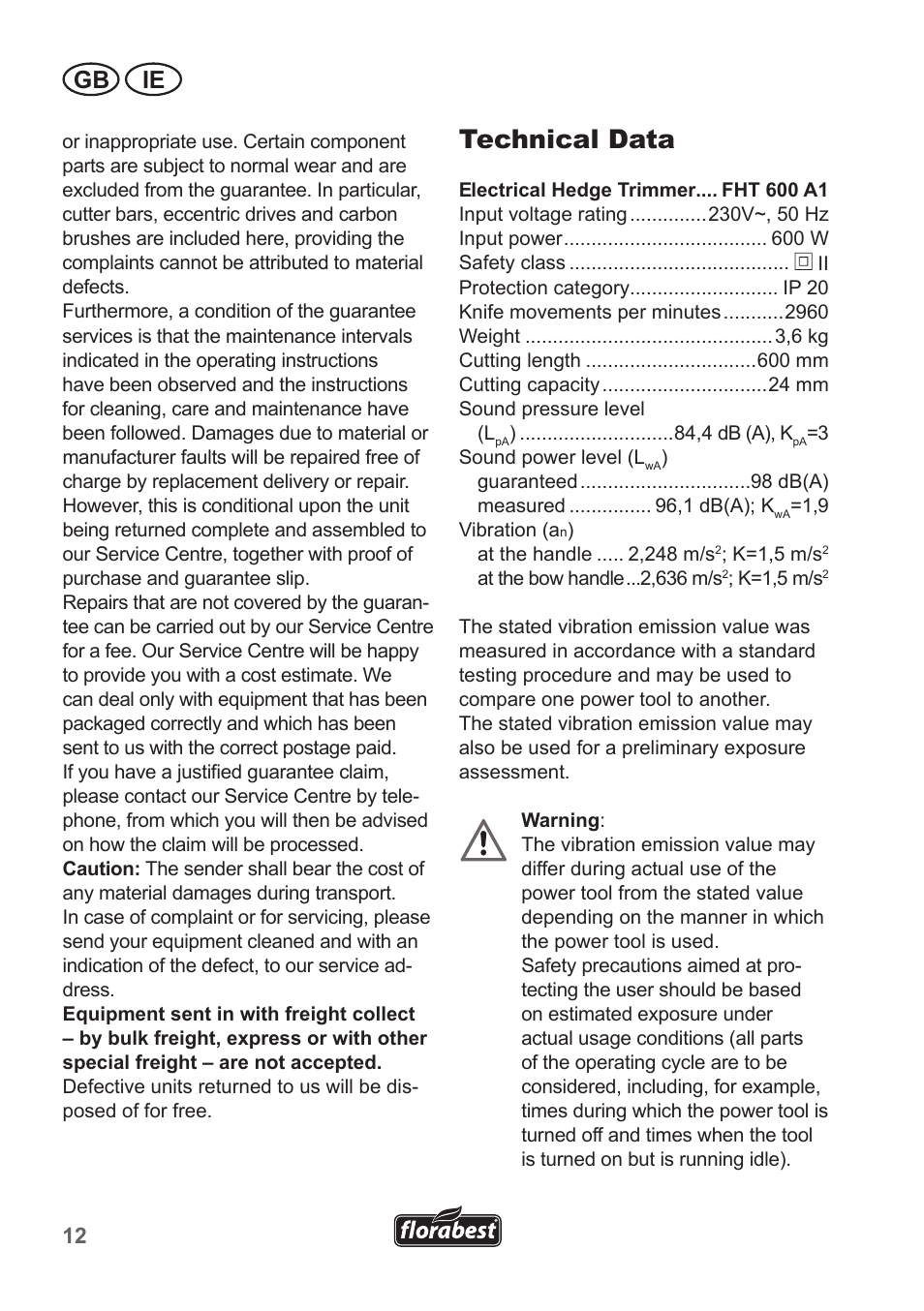 Technical data, Gb ie | Florabest FHT 600 A1 User Manual | Page 12 / 18