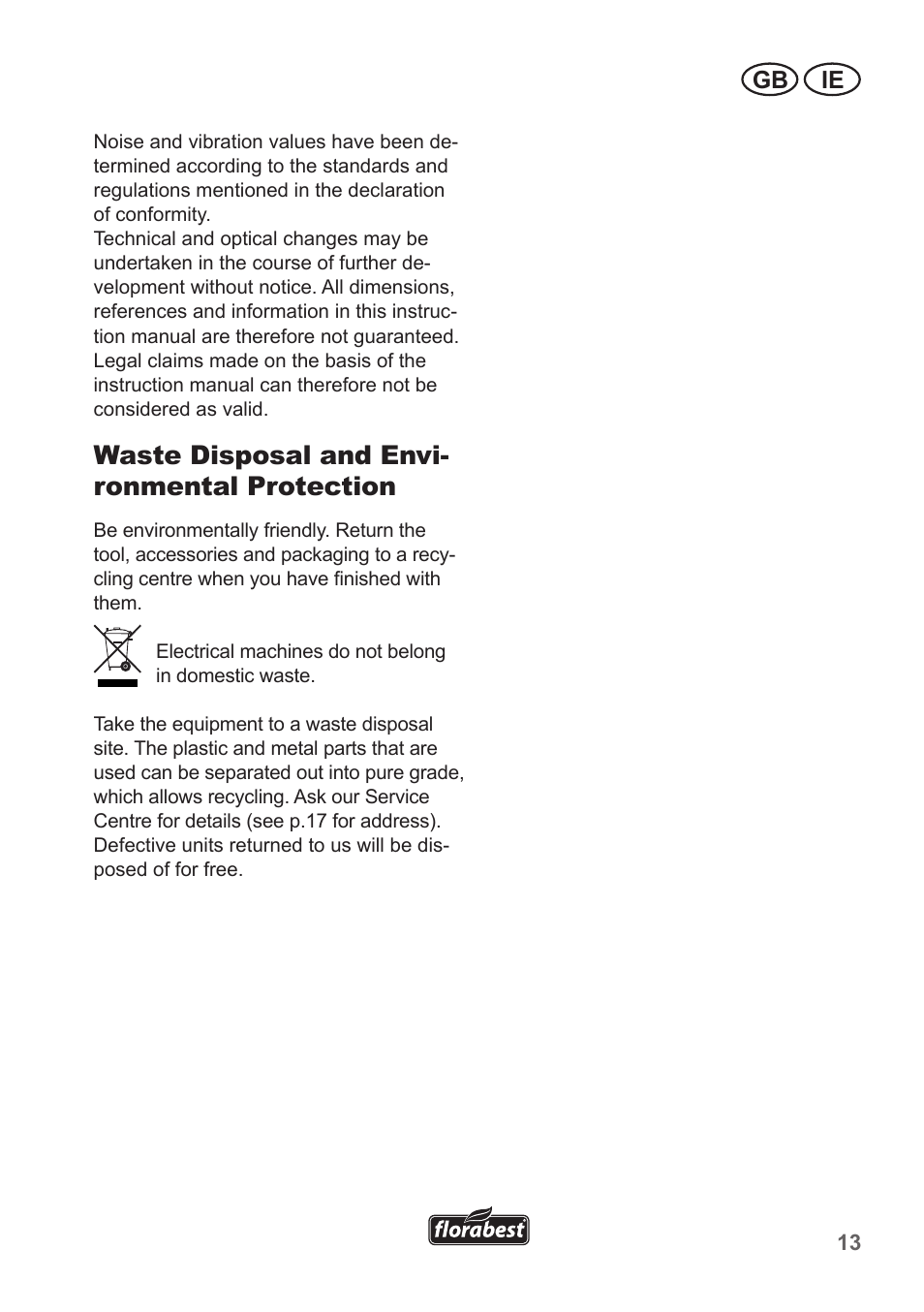 Waste disposal and envi- ronmental protection, Gb ie | Florabest FHT 600 A1 User Manual | Page 13 / 18