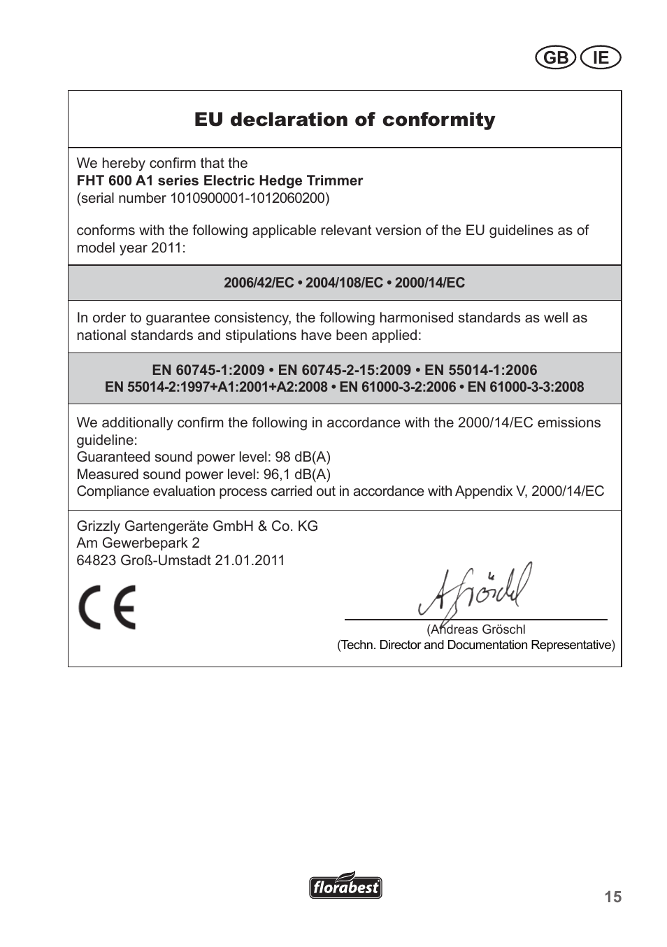 Eu declaration of conformity, Gb ie | Florabest FHT 600 A1 User Manual | Page 15 / 18