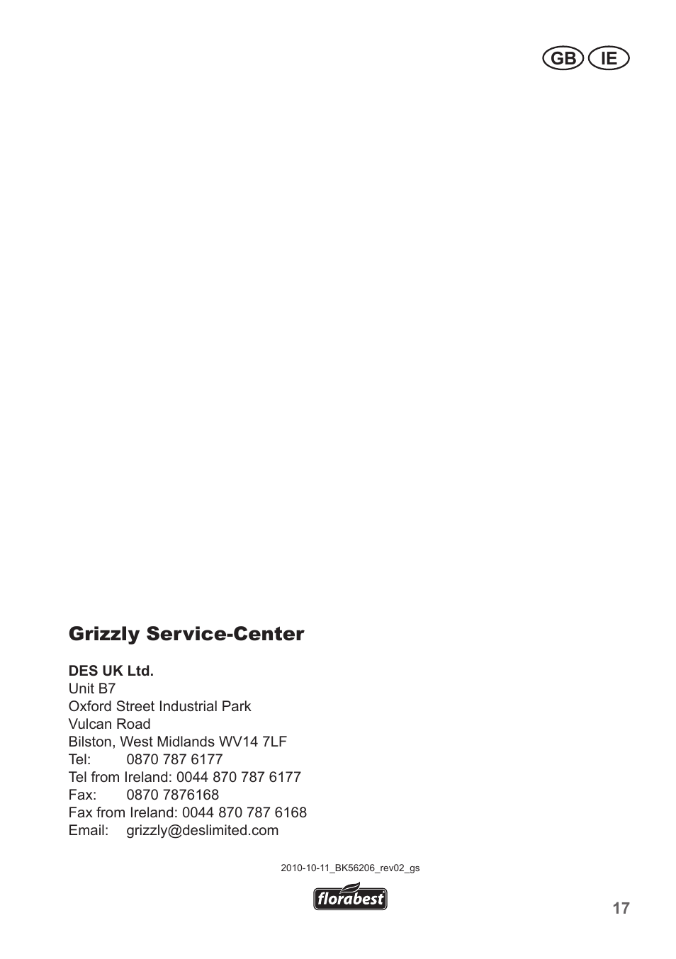 Grizzly service-center, Gb ie | Florabest FHT 600 A1 User Manual | Page 17 / 18