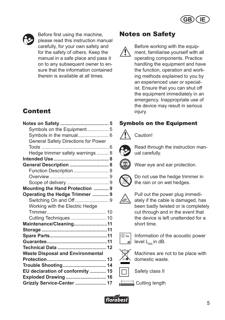 Content, Gb ie | Florabest FHT 600 A1 User Manual | Page 5 / 18