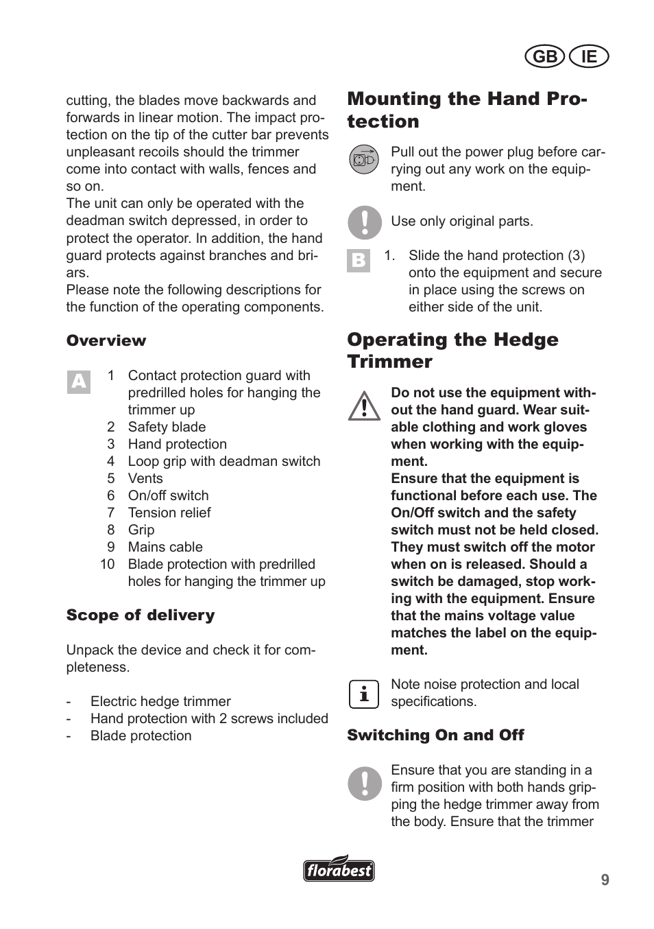 Mounting the hand pro- tection, Operating the hedge trimmer, Gb ie | Florabest FHT 600 A1 User Manual | Page 9 / 18