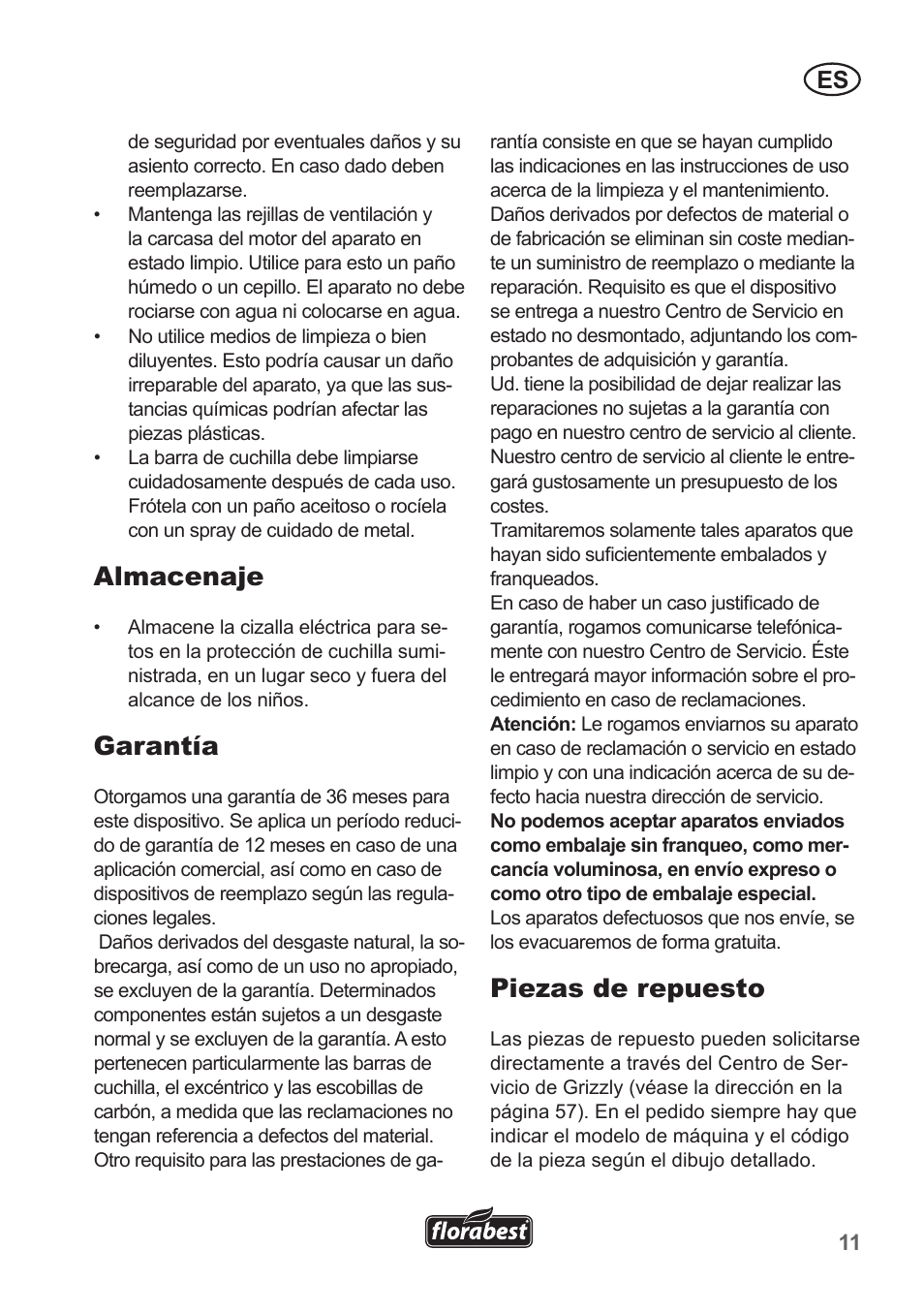 Almacenaje, Garantía, Piezas de repuesto | Florabest FHT 600 A1 User Manual | Page 11 / 58