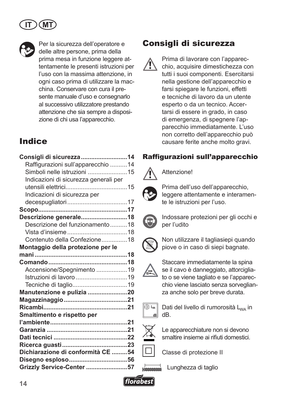 Consigli di sicurezza, Indice, It mt | Florabest FHT 600 A1 User Manual | Page 14 / 58