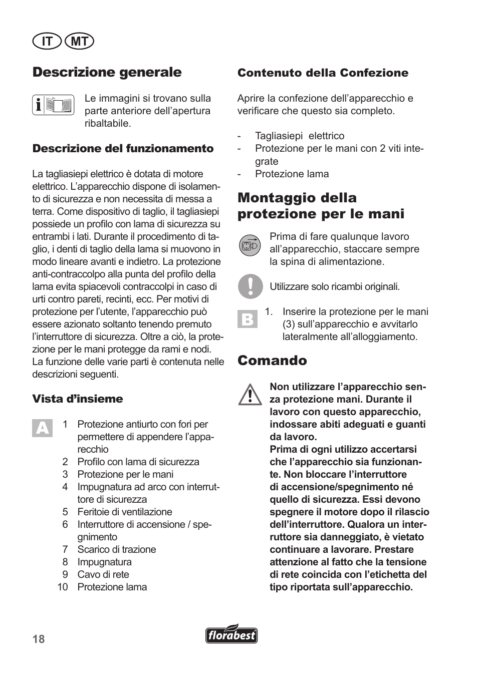 Descrizione generale, Montaggio della protezione per le mani, Comando | It mt | Florabest FHT 600 A1 User Manual | Page 18 / 58