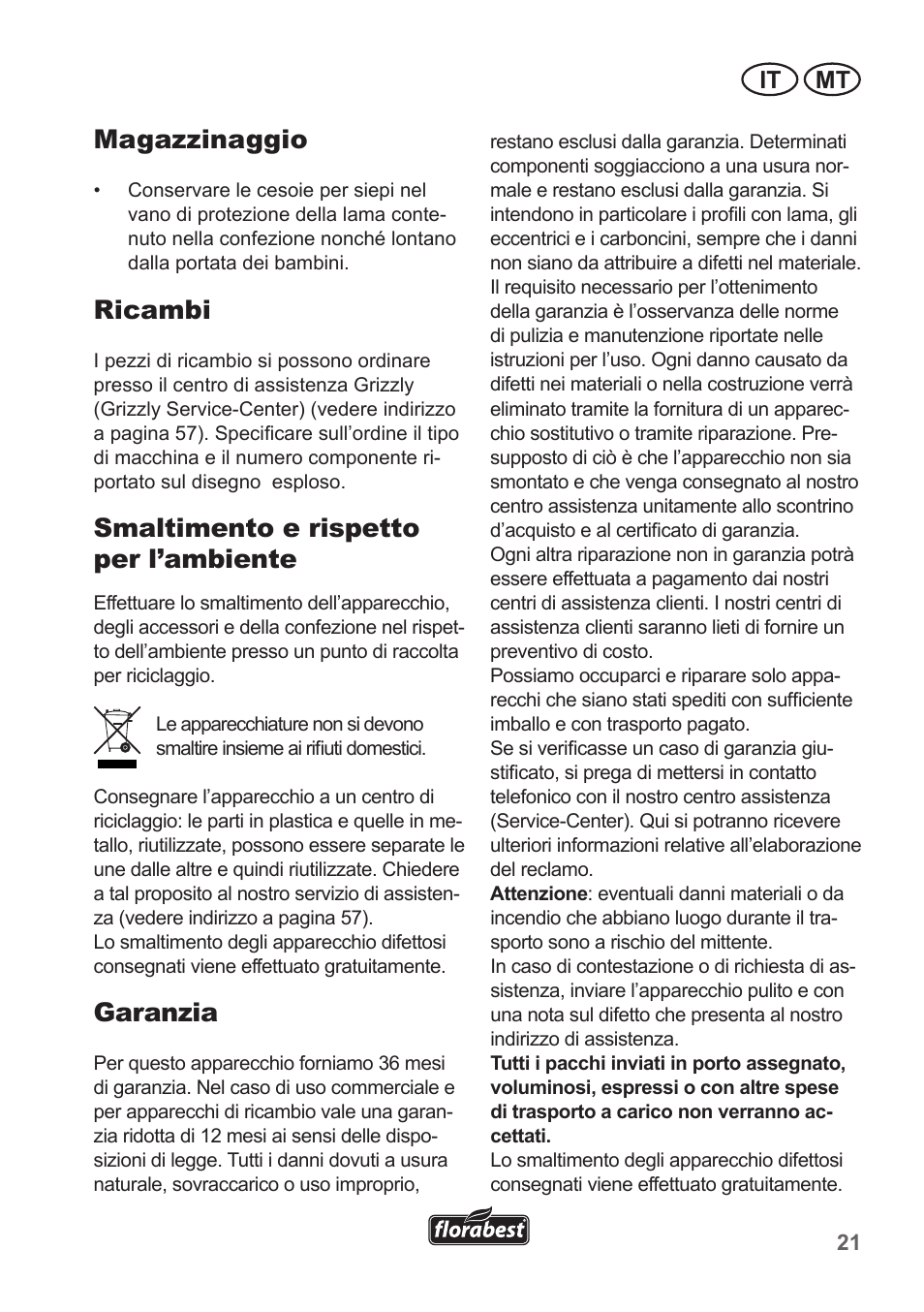 Magazzinaggio, Ricambi, Smaltimento e rispetto per l’ambiente | Garanzia, It mt | Florabest FHT 600 A1 User Manual | Page 21 / 58