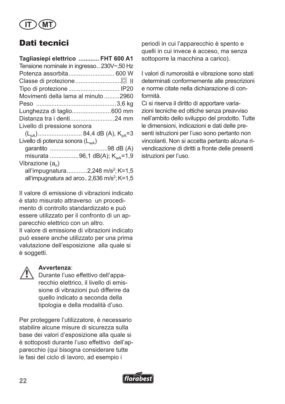 Dati tecnici, It mt | Florabest FHT 600 A1 User Manual | Page 22 / 58