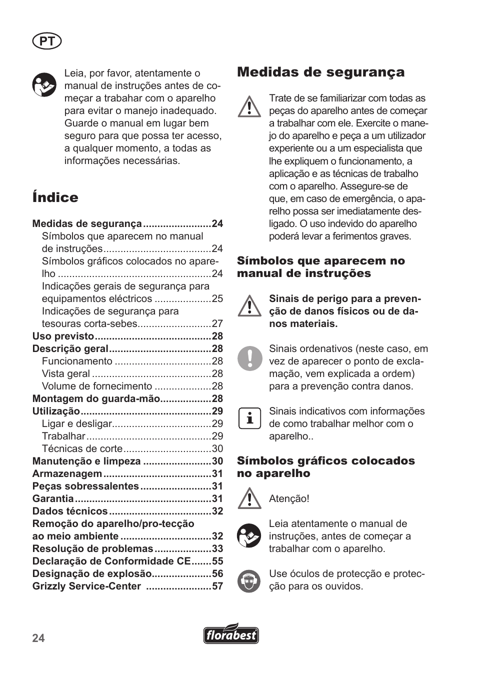 Medidas de segurança, Índice | Florabest FHT 600 A1 User Manual | Page 24 / 58