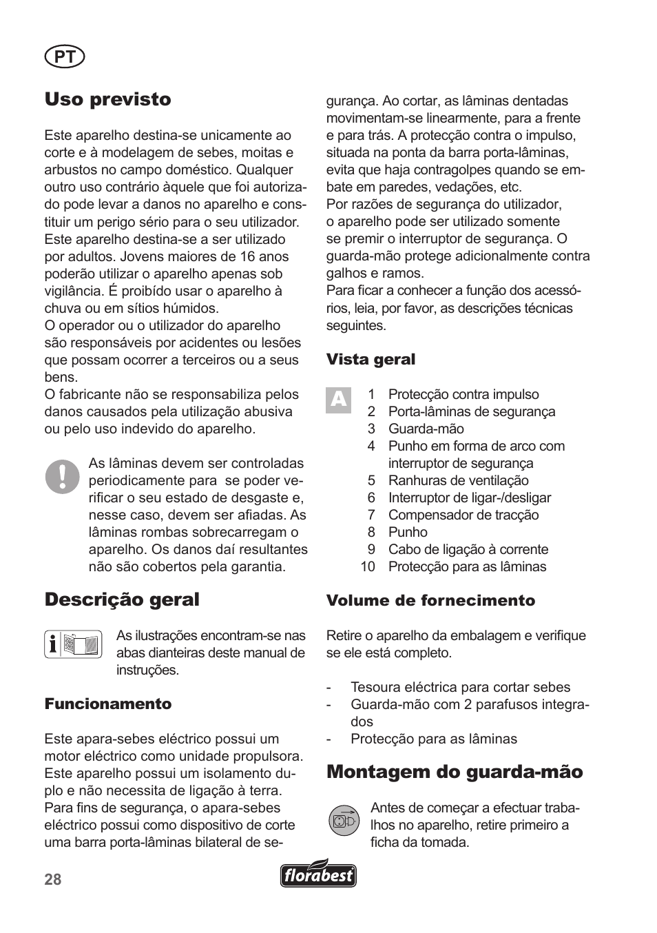 Uso previsto, Descrição geral, Montagem do guarda-mão | Florabest FHT 600 A1 User Manual | Page 28 / 58