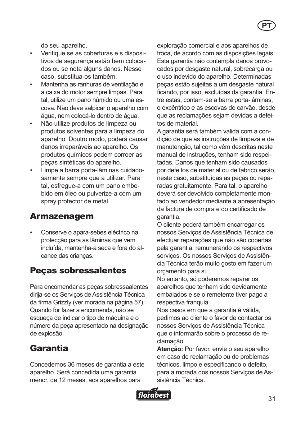 Armazenagem, Peças sobressalentes, Garantia | Florabest FHT 600 A1 User Manual | Page 31 / 58