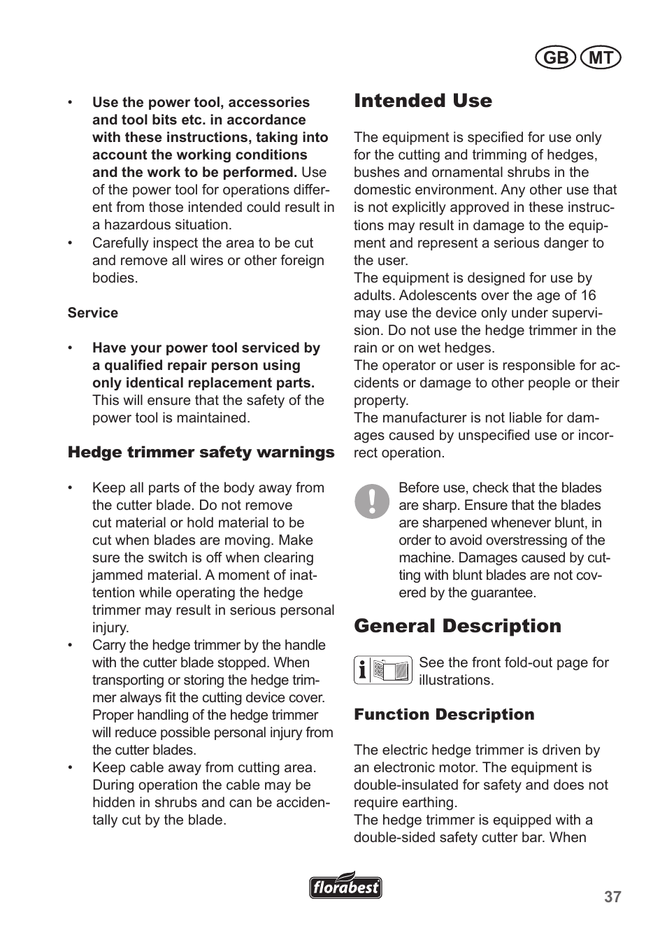 Intended use, General description, Gb mt | Florabest FHT 600 A1 User Manual | Page 37 / 58
