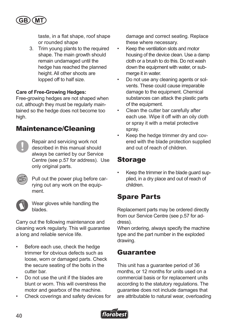 Maintenance/cleaning, Storage, Spare parts | Guarantee, Gb mt | Florabest FHT 600 A1 User Manual | Page 40 / 58
