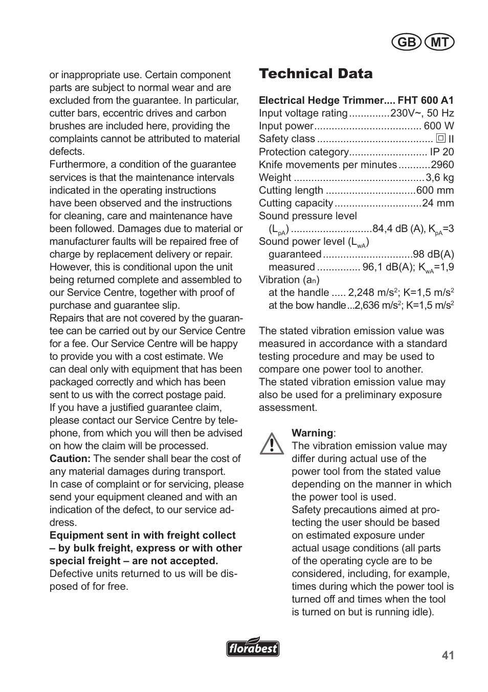 Technical data, Gb mt | Florabest FHT 600 A1 User Manual | Page 41 / 58