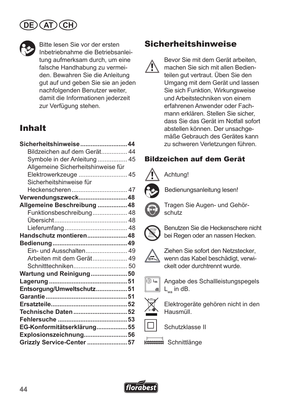 Sicherheitshinweise, Inhalt, De at ch | Florabest FHT 600 A1 User Manual | Page 44 / 58