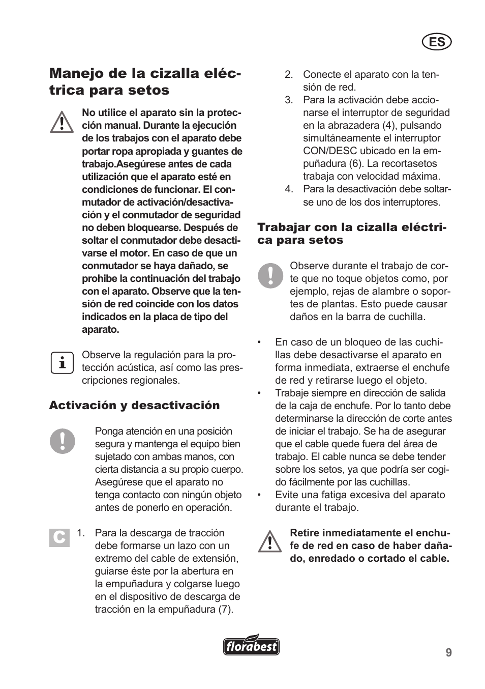 Manejo de la cizalla eléc- trica para setos | Florabest FHT 600 A1 User Manual | Page 9 / 58
