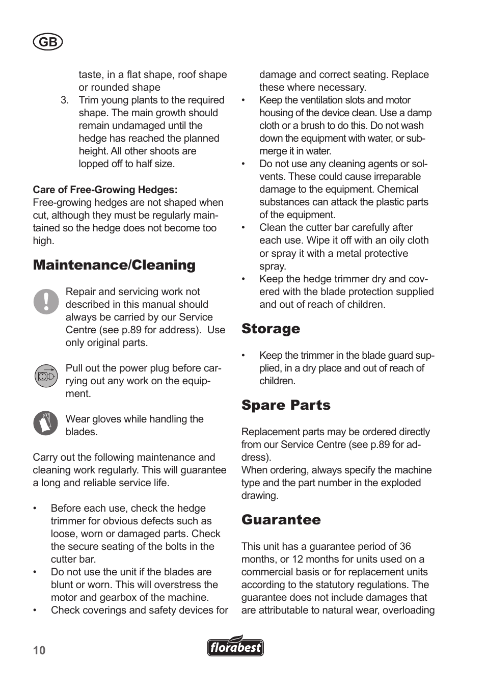 Maintenance/cleaning, Storage, Spare parts | Guarantee | Florabest FHT 600 A1 User Manual | Page 10 / 90