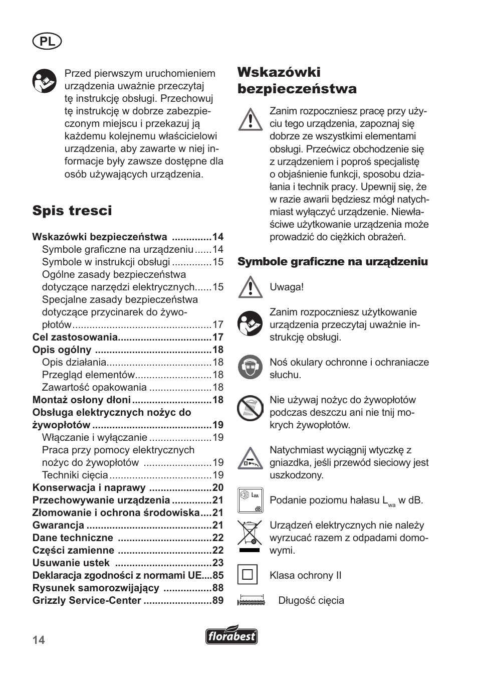 Wskazówki bezpieczeństwa, Spis tresci | Florabest FHT 600 A1 User Manual | Page 14 / 90
