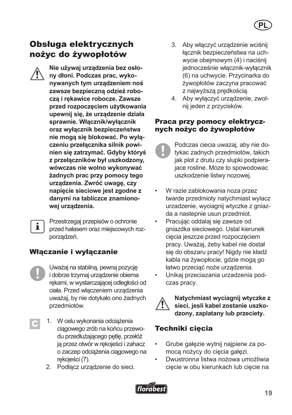 Obsługa elektrycznych nożyc do żywopłotów | Florabest FHT 600 A1 User Manual | Page 19 / 90