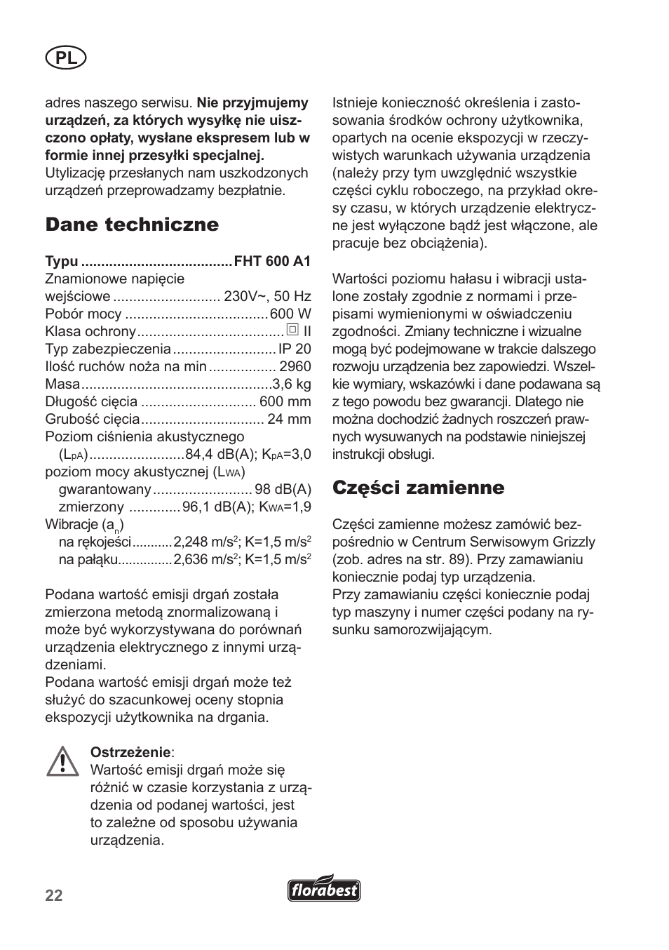 Dane techniczne, Części zamienne | Florabest FHT 600 A1 User Manual | Page 22 / 90