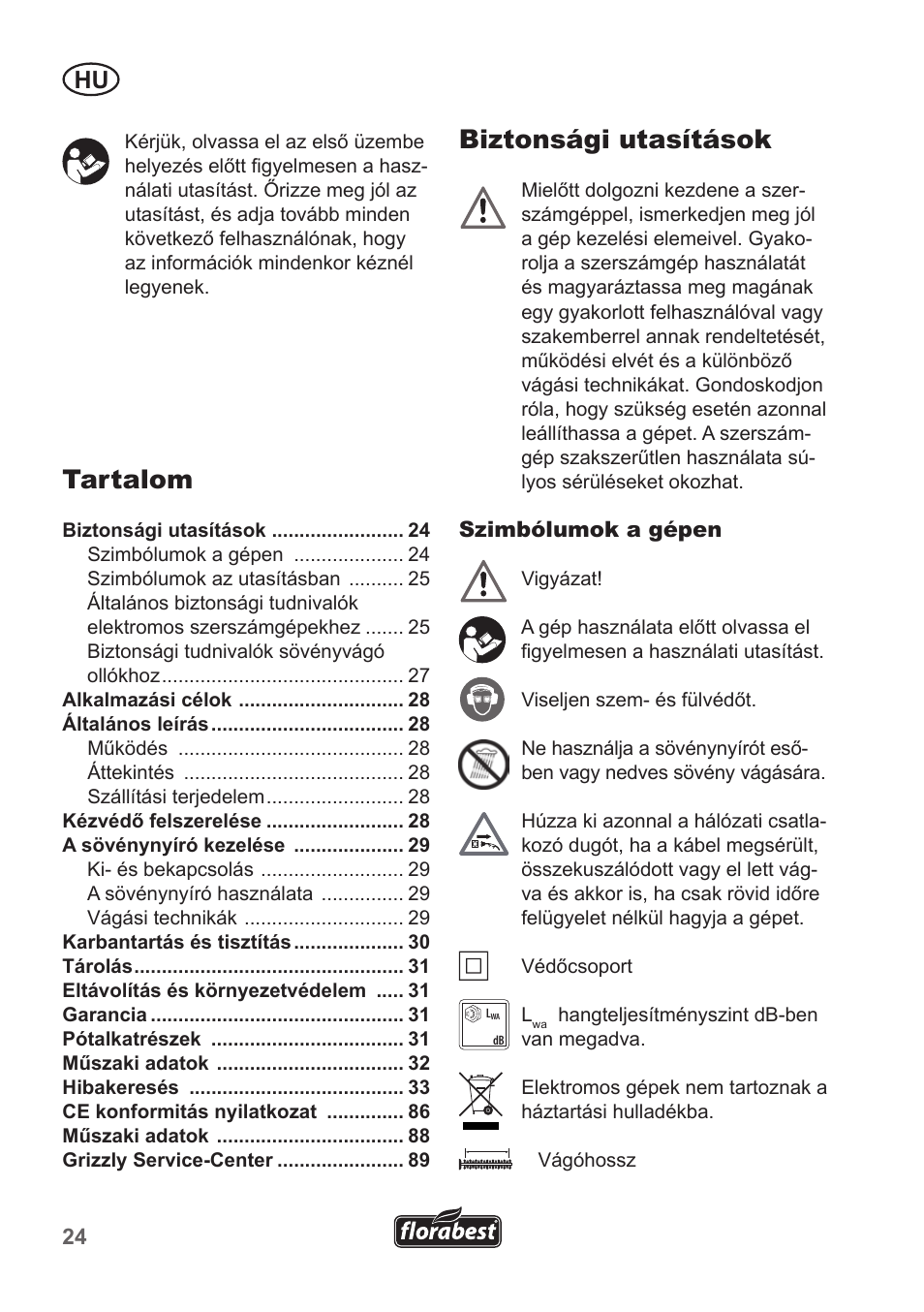 Biztonsági utasítások, Tartalom | Florabest FHT 600 A1 User Manual | Page 24 / 90