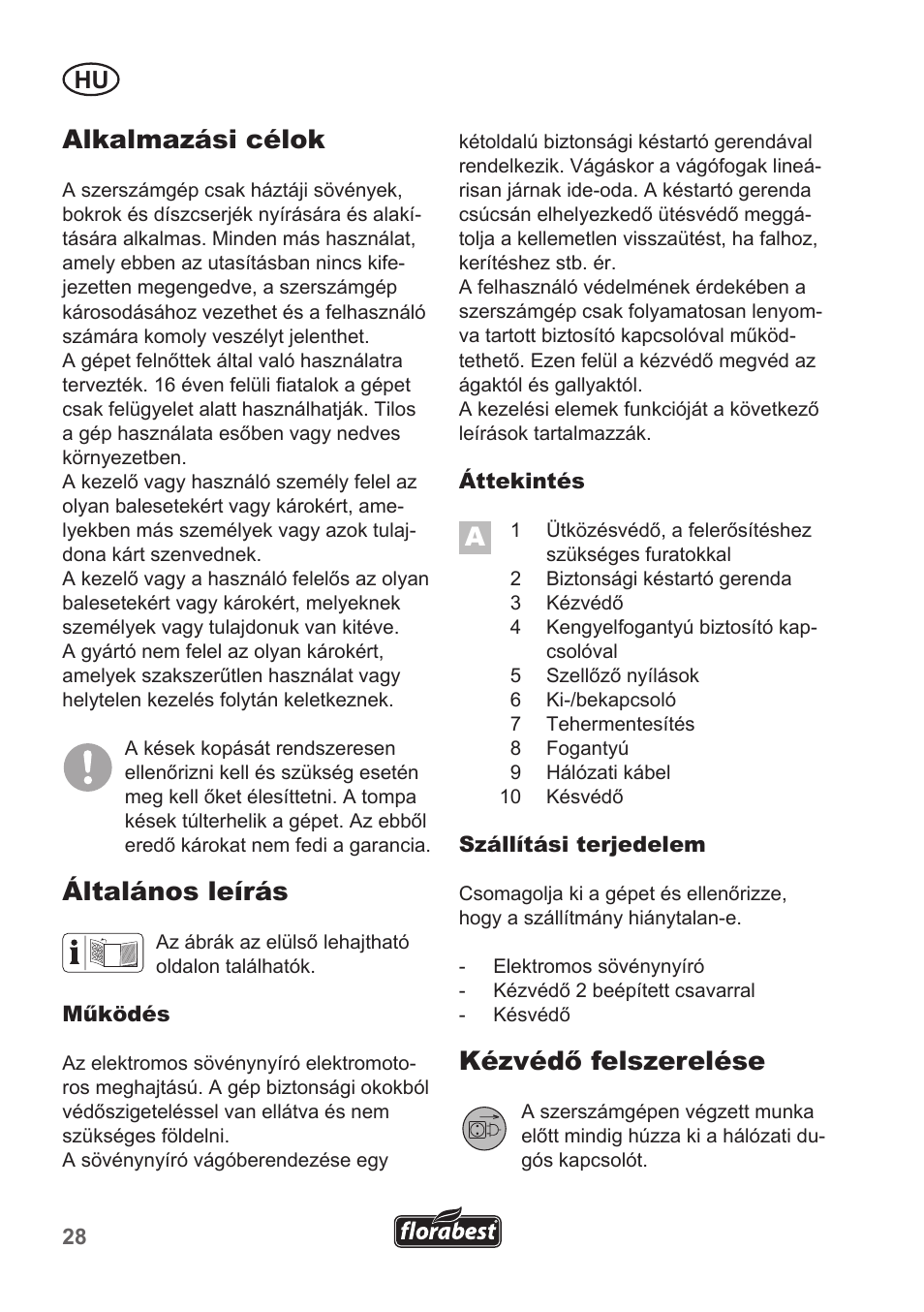 Alkalmazási célok, Általános leírás, Kézvédő felszerelése | Florabest FHT 600 A1 User Manual | Page 28 / 90