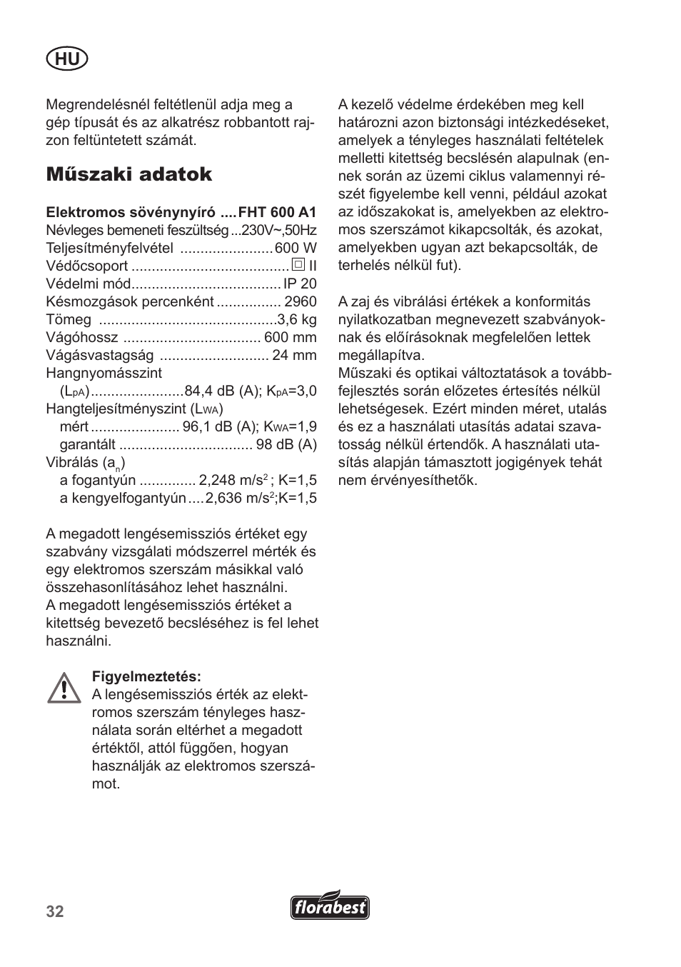 Műszaki adatok | Florabest FHT 600 A1 User Manual | Page 32 / 90