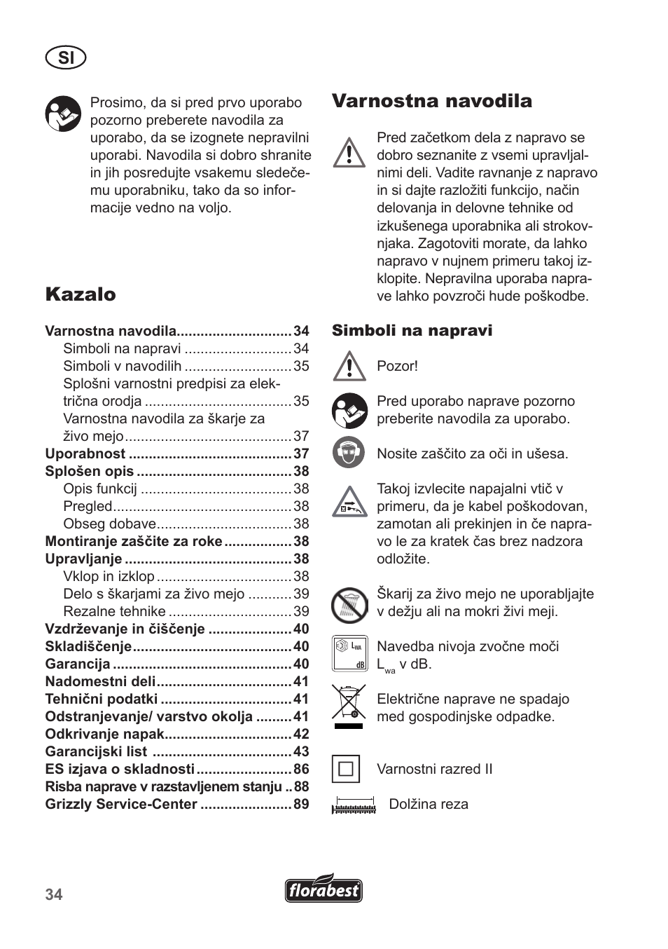 Varnostna navodila, Kazalo | Florabest FHT 600 A1 User Manual | Page 34 / 90