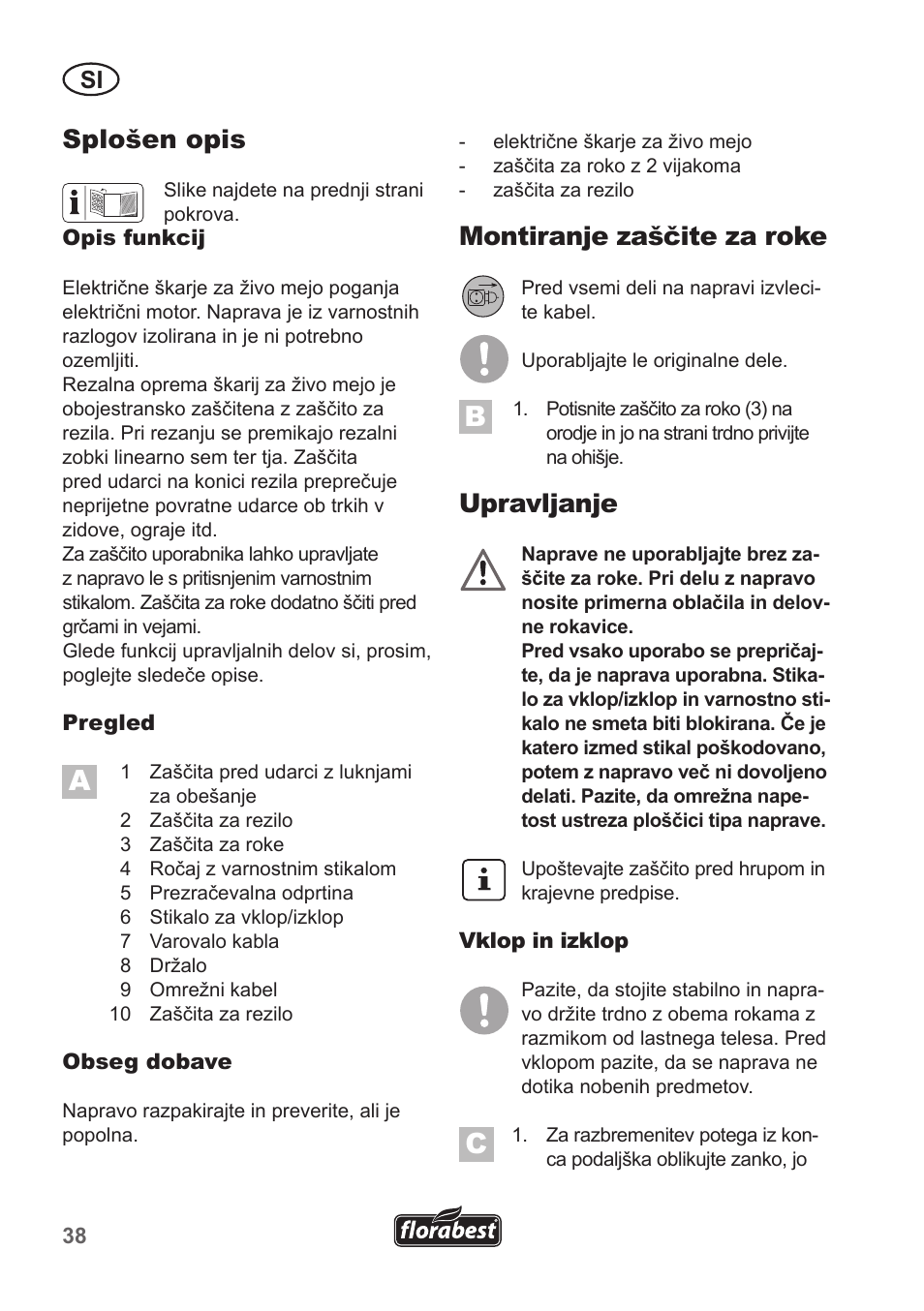 Splošen opis, Montiranje zaščite za roke, Upravljanje | Florabest FHT 600 A1 User Manual | Page 38 / 90