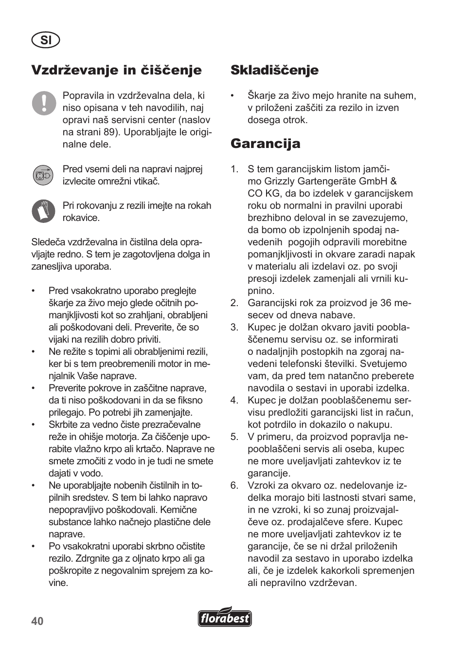 Vzdrževanje in čiščenje, Skladiščenje, Garancija | Florabest FHT 600 A1 User Manual | Page 40 / 90