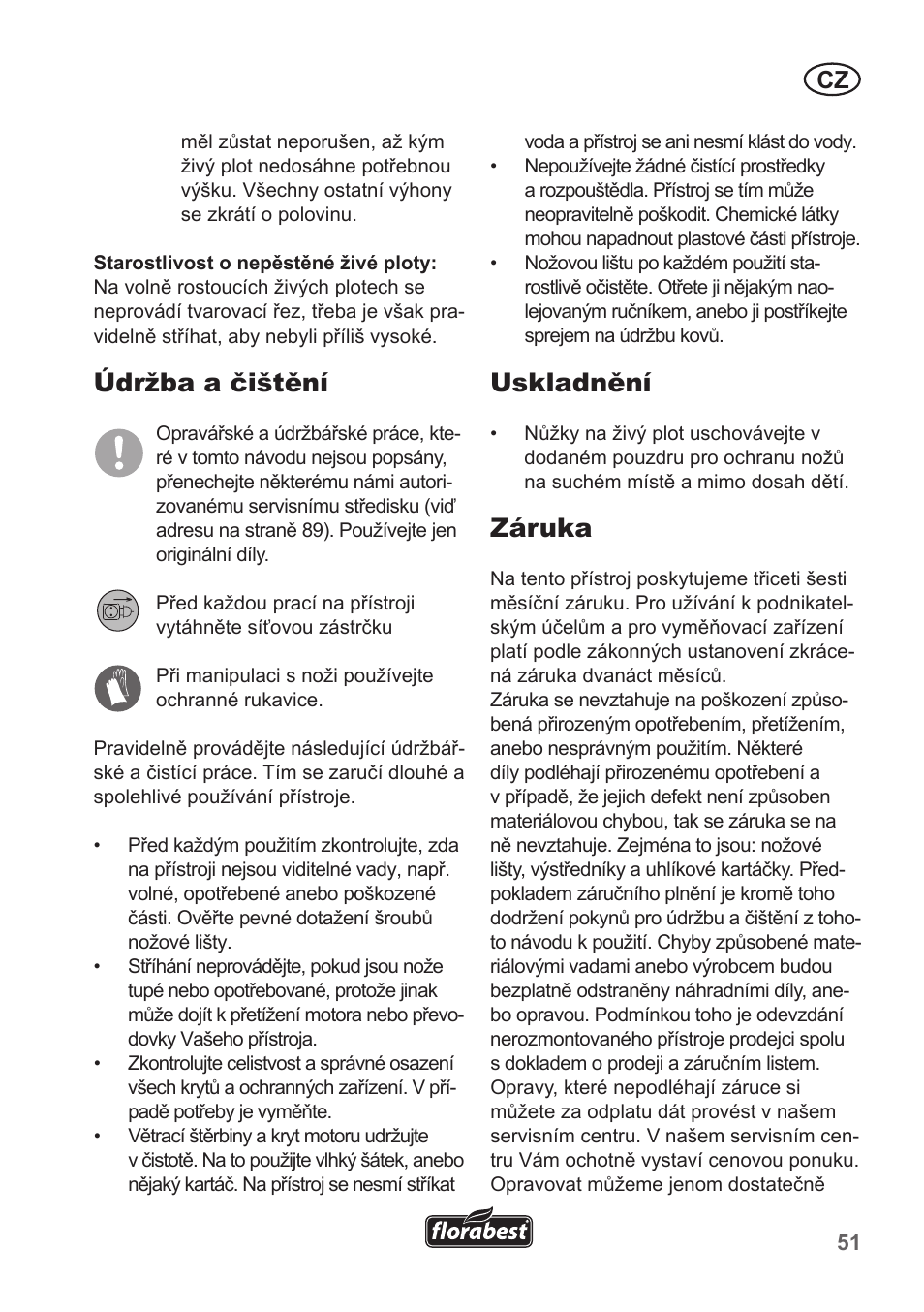 Údržba a čištění, Uskladnění, Záruka | Florabest FHT 600 A1 User Manual | Page 51 / 90